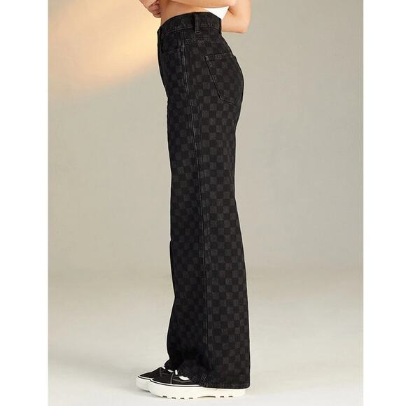 New ~ PACSUN  ~ Eco Black Checker High Waisted Baggy Jeans Size 25 CUTE - Picture 2 of 9